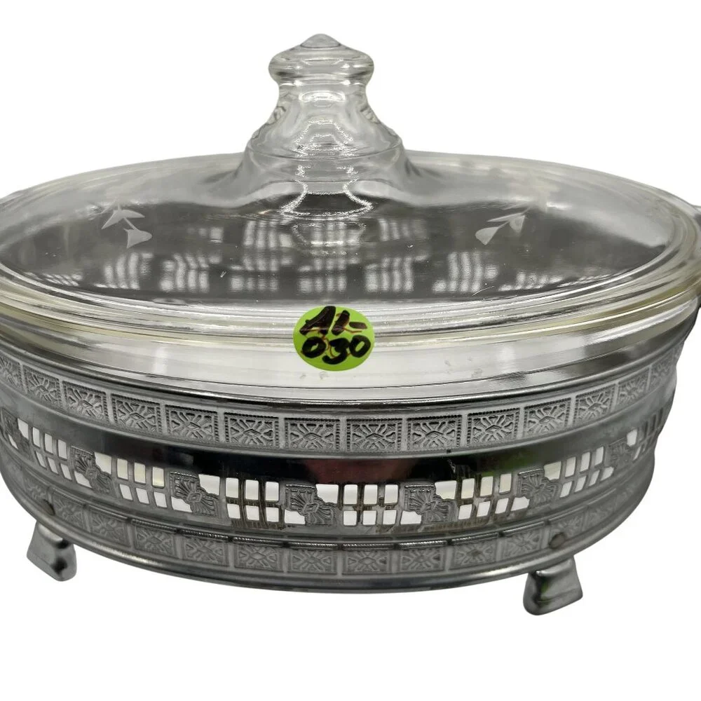 Pyrex 1.5qt Vintage Oval Glass Casserole Dish Etched Silver Plated Footed Holder